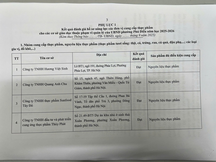 Thông báo kết quả đánh giá năng lực các đơn vị cung cấp thực phẩm, nguyên liệu thực phẩm, suất ăn sẵn cho các cơ sở giáo dục thuộc phạm vi quản lý của UBND phường Phú Diễn năm học 2025 - 2026- Ảnh 3.