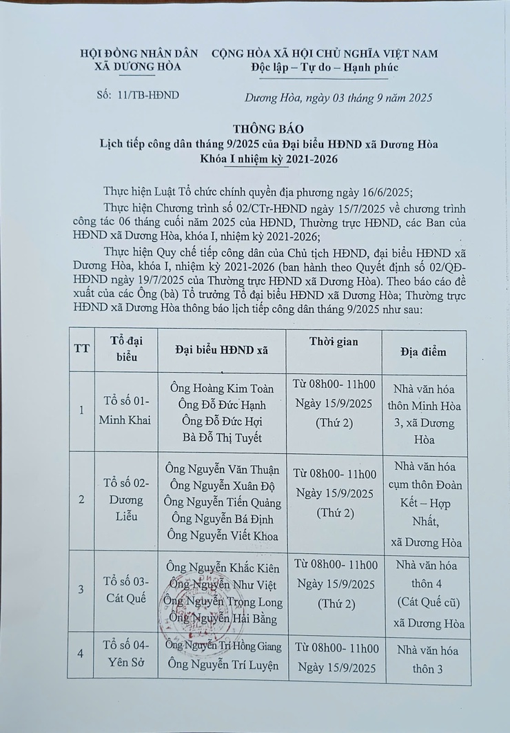 THÔNG BÁO Lịch tiếp công dân tháng 9/2025 của Đại biểu HĐND xã Dương Hòa Khóa I nhiệm kỳ 2021-2026- Ảnh 1.