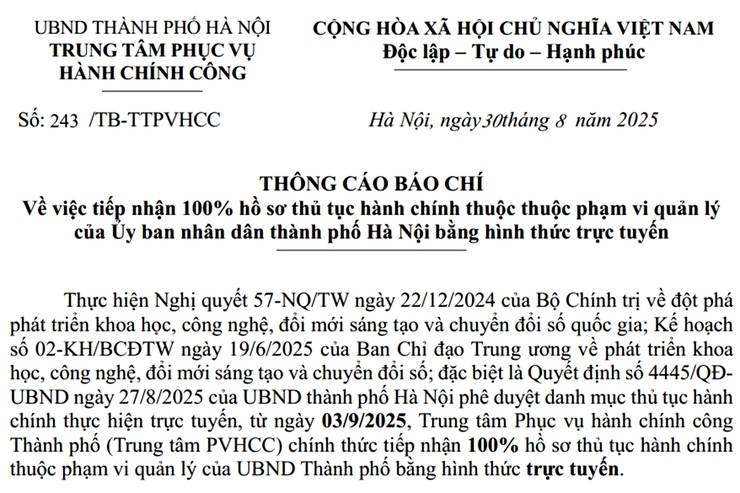 Thông cáo về việc tiếp nhận 100% hồ sơ thủ tục hành chính bằng hình thức trực tuyến- Ảnh 2.