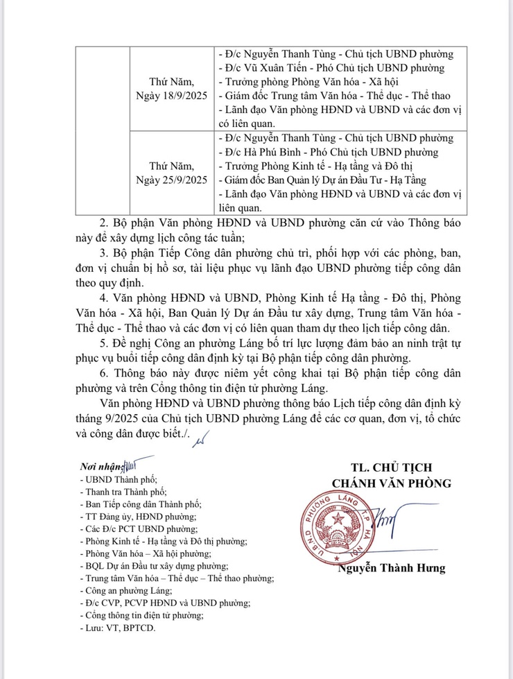 UBND phường Láng thông báo Lịch tiếp Công dân tháng 9/2025- Ảnh 2.