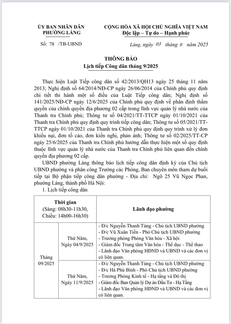 UBND phường Láng thông báo Lịch tiếp Công dân tháng 9/2025- Ảnh 1.