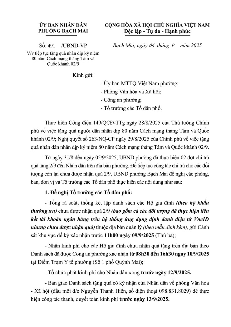 Công văn 491/UBND-CV ngày 06/9/2025 của UBND phường Bạch Mai tiếp tục tặng quà nhân dịp kỷ niệm 80 năm Cách mạng tháng Tám và Quốc khánh 02/9- Ảnh 1.