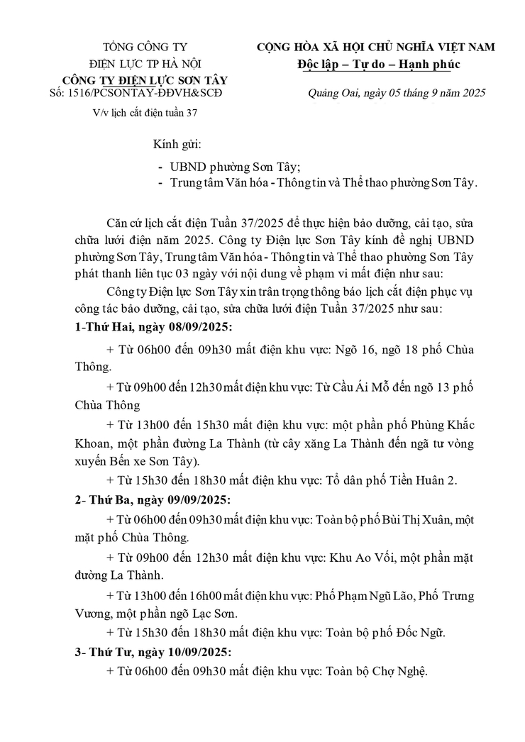 THÔNG BÁO LỊCH CẮT ĐIỆN TUẦN 37- Ảnh 1.