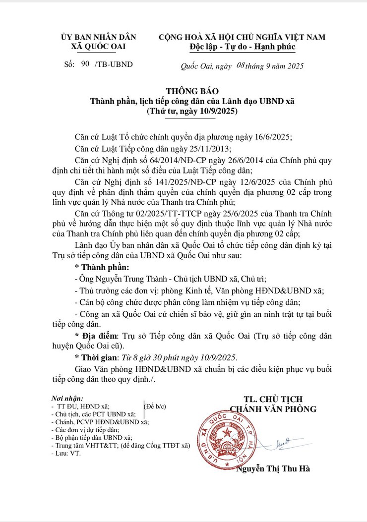 📢📢THÔNG BÁO - Thành phần, lịch tiếp công dân của lãnh đạo UBND xã Quốc Oai 📢📢📢- Ảnh 1.