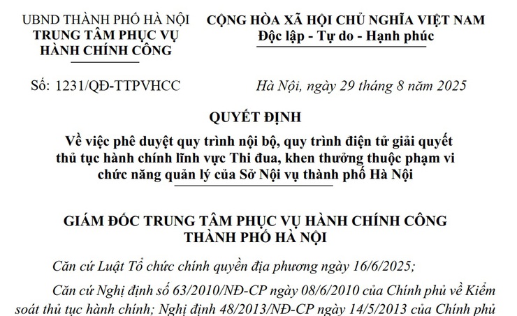 Phê duyệt quy trình nội bộ, quy trình điện tử giải quyết thủ tục hành chính lĩnh vực Thi đua, khen thưởng thuộc phạm vi chức năng quản lý của Sở Nội vụ thành phố Hà Nội- Ảnh 1.