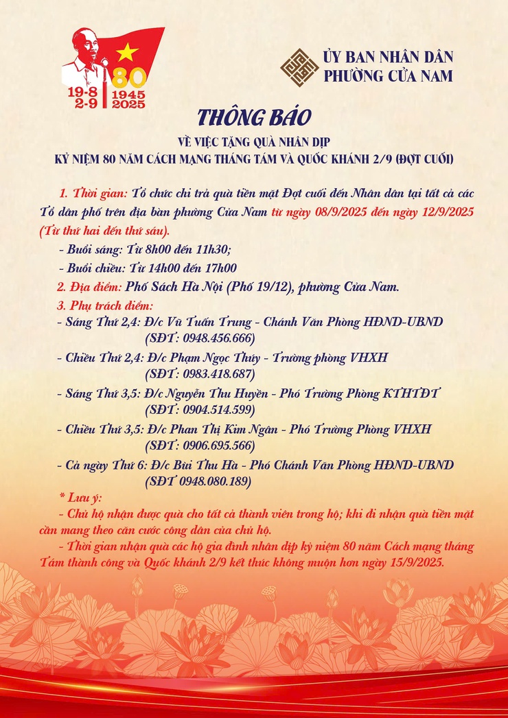 THÔNG BÁO PHÁT QUÀ NHÂN DỊP KỶ NIỆM 80 NĂM CÁCH MẠNG THÁNG TÁM THÀNh CÔNG VÀ QUỐC KHÁNH 2/9 ( ĐỢT CUỐI) - Ảnh 1.