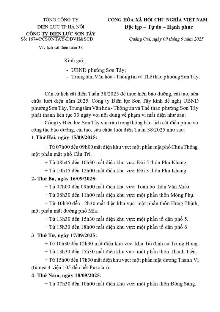 THÔNG BÁO LỊCH CẮT ĐIỆN TUẦN 38- Ảnh 1.