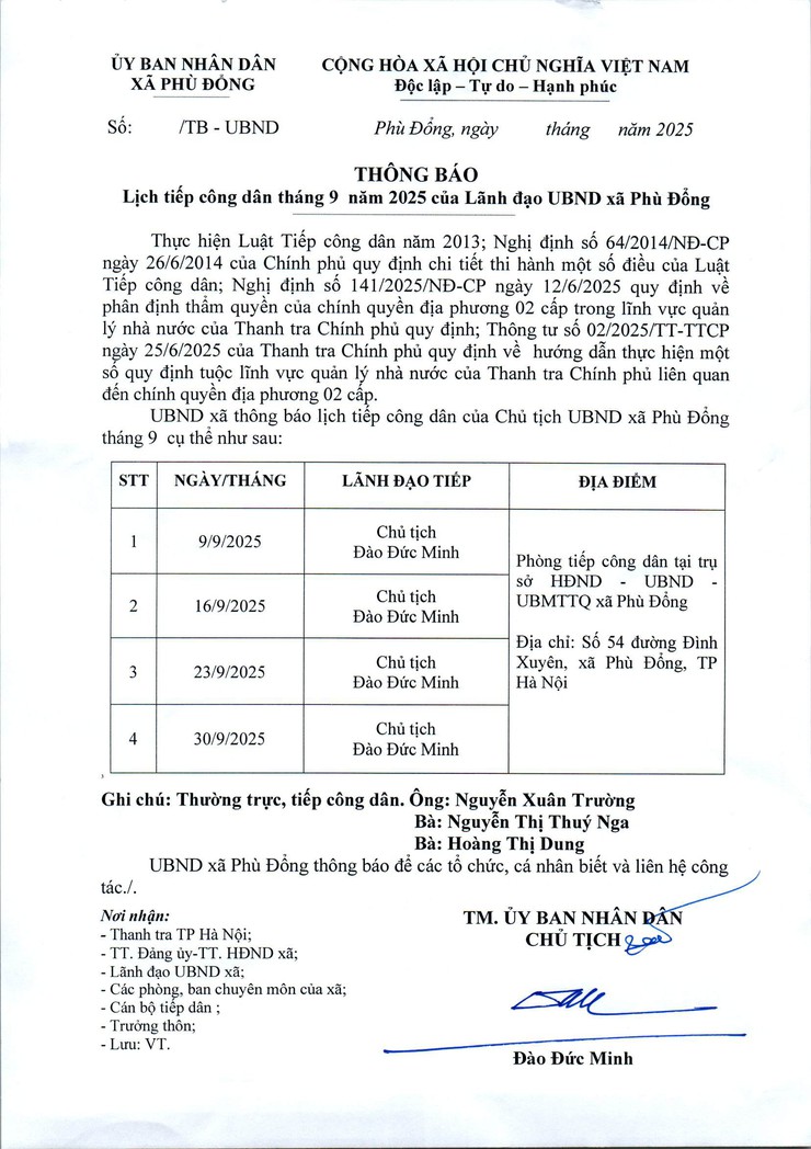 Thông báo lịch tiếp công dân tháng 9 năm 2025 của Lãnh đạo UBND xã Phù Đổng- Ảnh 1.