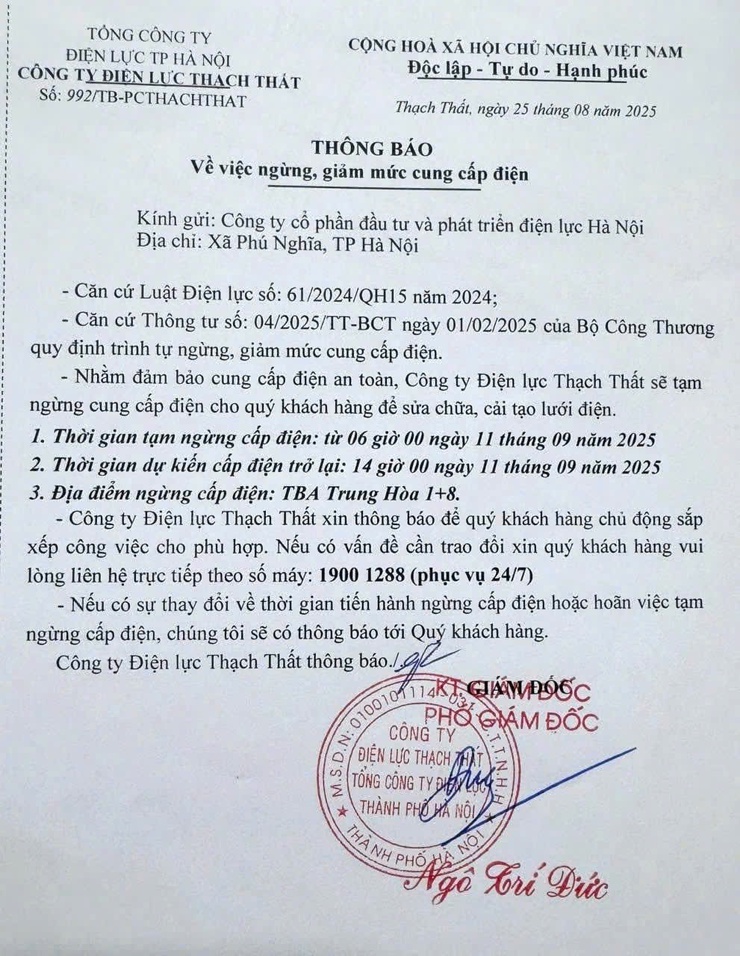 Thông báo về việc ngừng, giảm mức cung cấp điện- Ảnh 1.