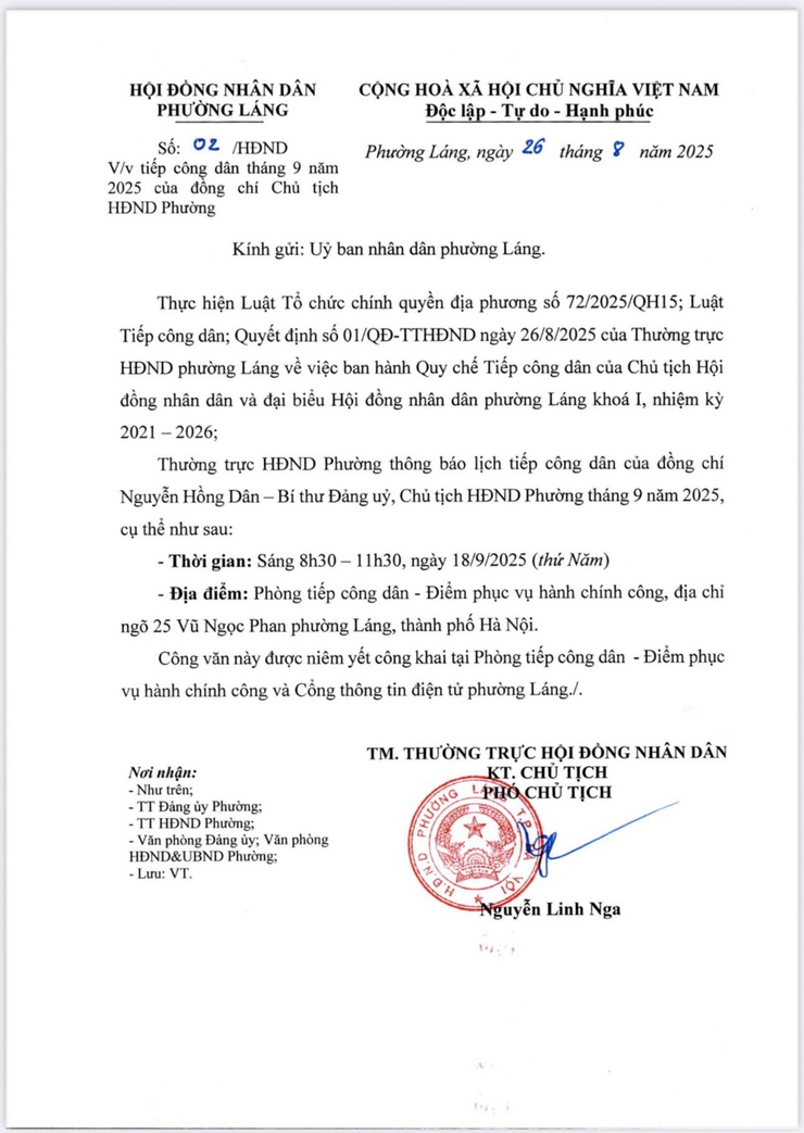 UBND phường thông báo Lịch tiếp công dân tháng 9 năm 2025 của đồng chí Chủ tịch HĐND phường- Ảnh 1.
