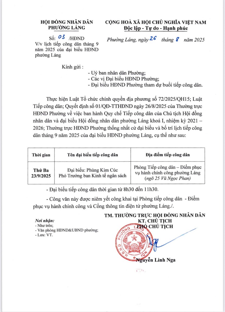 UBND phường Láng thông báo lịch tiếp công dân tháng 9/2025 của đại biểu HĐND phường Láng.- Ảnh 1.