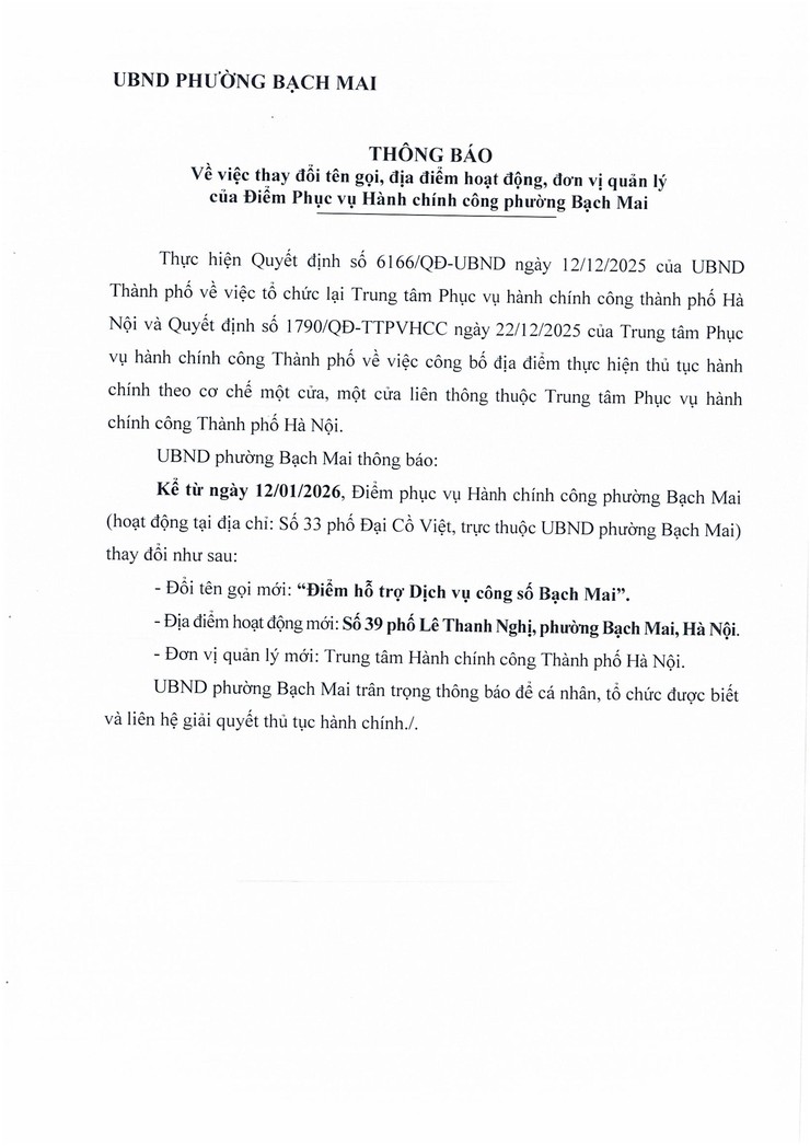 Thông báo về việc thay đổi tên gọi, địa điểm hoạt động, đơn vị quản lý của Điểm Phục vụ Hành chính công phường Bạch Mai
- Ảnh 1.
