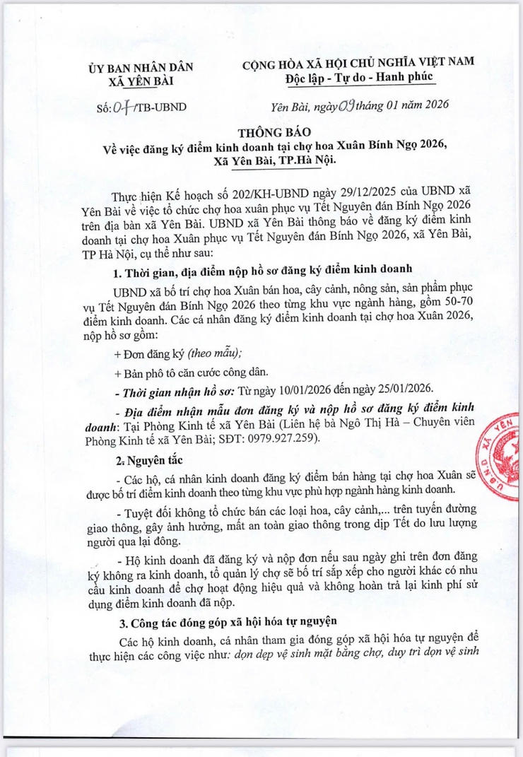 UBND xã Yên Bài thông báo về việc đăng ký điểm kinh doanh tại chợ hoa Xuân Bính Ngọ năm 2026 xã Yên Bài - Ảnh 1.
