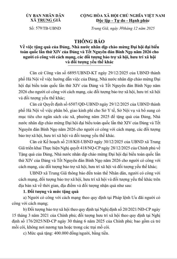 Thông báo về việc tặng quà của Đảng, Nhà nước nhân dịp chào mừng Đại hội đại biểu toàn quốc lần thứ XIV của Đảng và Tết Nguyên đán Bính Ngọ năm 2026- Ảnh 1.