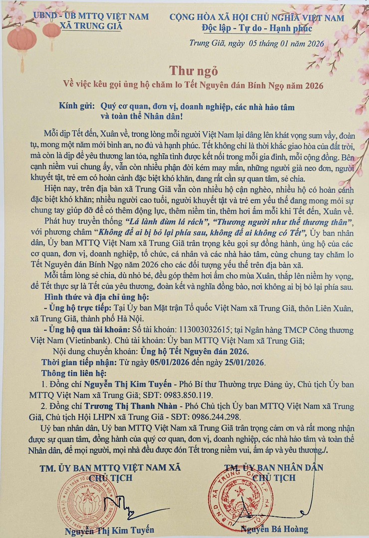 Thư ngỏ kêu gọi sự chung tay, đồng hành của các cơ quan, đơn vị, doanh nghiệp, tổ chức, cá nhân và Nhân dân trong việc ủng hộ, chăm lo Tết Nguyên đán Bính Ngọ năm 2026- Ảnh 1.