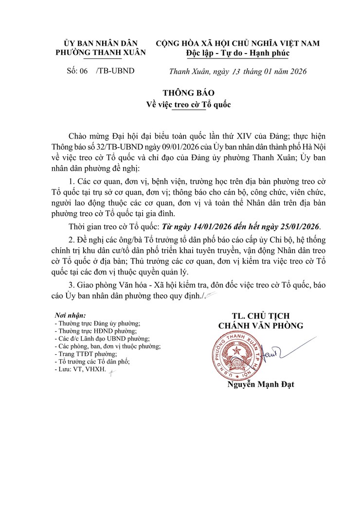 Thông báo treo cờ Tổ quốc chào mừng Đại hội đại biểu toàn quốc lần thứ XIV của Đảng- Ảnh 1.