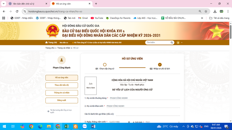 HƯỚNG DẪN NỘP HỒ SƠ ỨNG CỬ ĐẠI BIỂU QUỐC HỘI
VÀ ĐẠI BIỂU HĐND CÁC CẤP TRÊN CỔNG THÔNG TIN ĐIỆN TỬ HỘI ĐỒNG BẦU CỬ QUỐC GIA
- Ảnh 4.