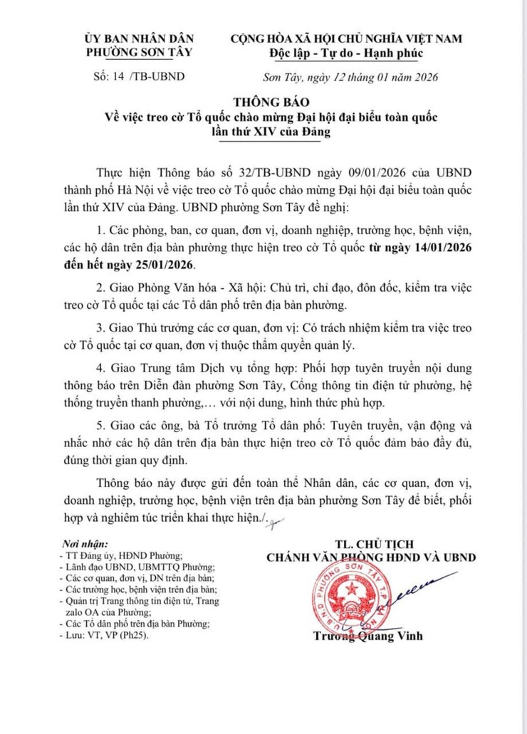 Thông báo về việc treo cờ Tổ quốc chào mừng Đại hội đại biểu toàn quốc lần thứ XIV của Đảng- Ảnh 1.