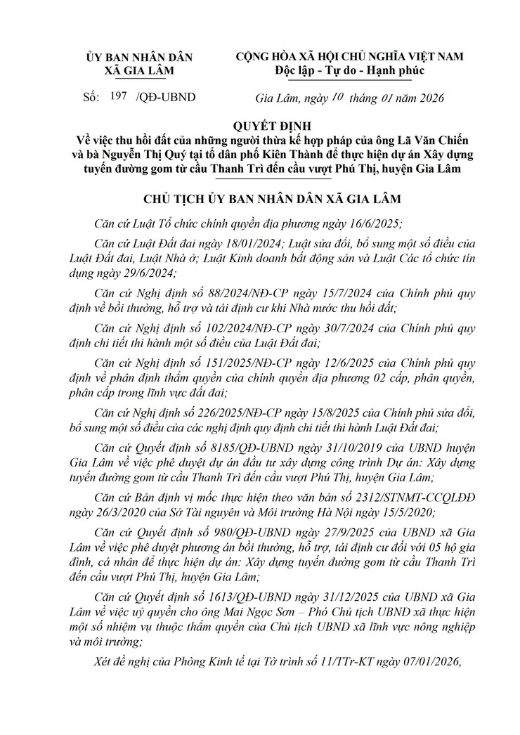 Thông báo công khai Quyết định thu hồi đất để thực hiện dự án Xây dựng tuyến đường gom từ cầu Thanh Trì đến cầu vượt Phú Thị, huyện Gia Lâm- Ảnh 1.