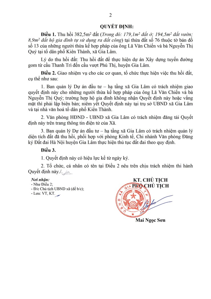 Thông báo công khai Quyết định thu hồi đất để thực hiện dự án Xây dựng tuyến đường gom từ cầu Thanh Trì đến cầu vượt Phú Thị, huyện Gia Lâm- Ảnh 2.