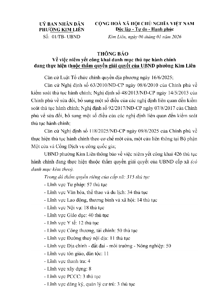 Thông báo niêm yết công khai danh mục thủ tục hành chính đang thực hiện thuộc thẩm quyền giải quyết của UBND phường Kim Liên- Ảnh 1.