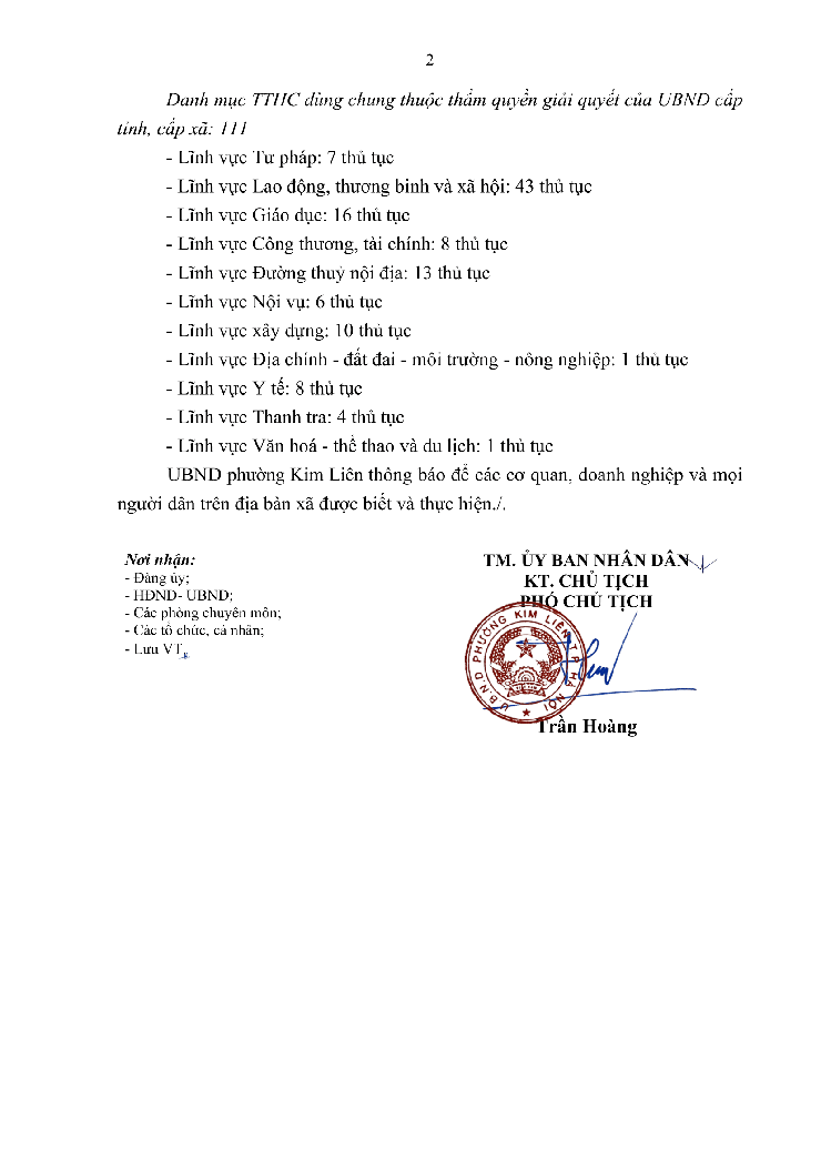 Thông báo niêm yết công khai danh mục thủ tục hành chính đang thực hiện thuộc thẩm quyền giải quyết của UBND phường Kim Liên- Ảnh 2.