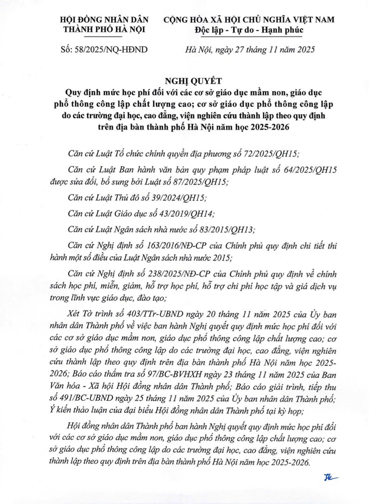 Nghị quyết số 58/2025/NQ-HĐND ngày 27/11/2025 của HĐND thành phố Hà Nội- Ảnh 1.