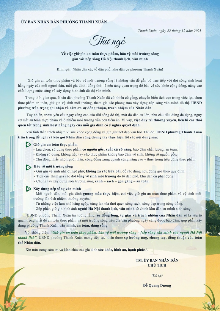 Thư ngỏ về việc giữ gìn an toàn thực phẩm, bảo vệ môi trường sống- Ảnh 1.