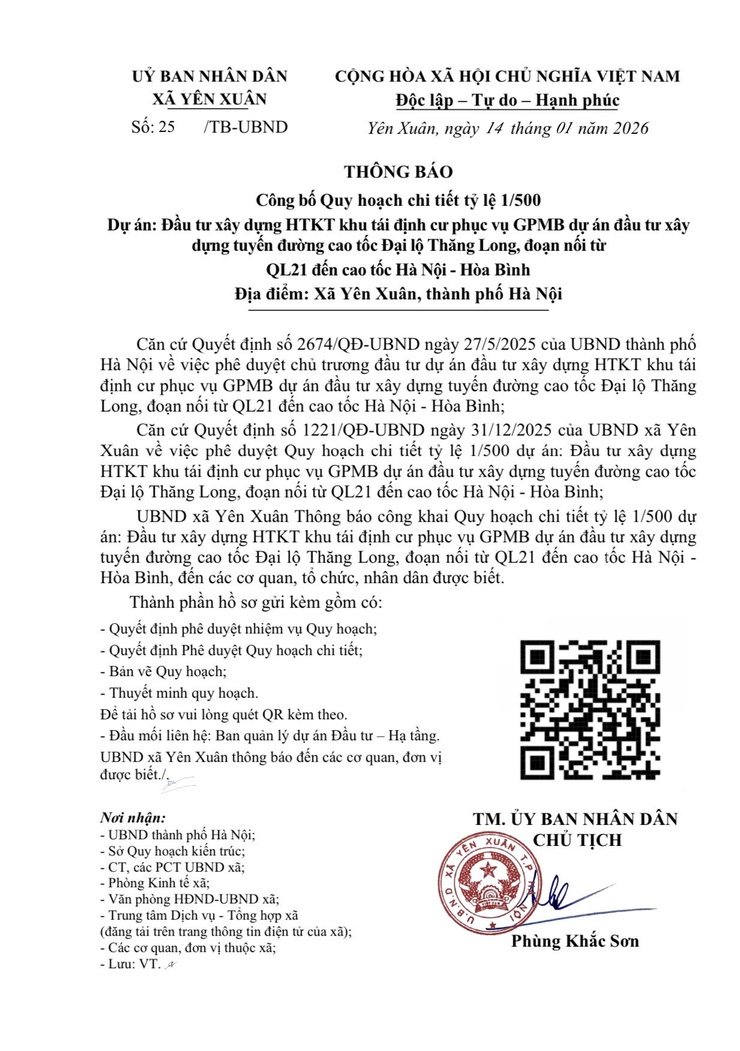 Thông báo: Công bố Quy hoạch chi tiết tỷ lệ 1/500 dự án đầu tư HTKT khu tái định cư phục vụ GPMB dự án đầu tư xây dựng tuyến đường cao tốc Đại lộ Thăng Long, đoạn nối từ QL 21 đến cáo tốc Hà Nội - Hoà Bình- Ảnh 1.