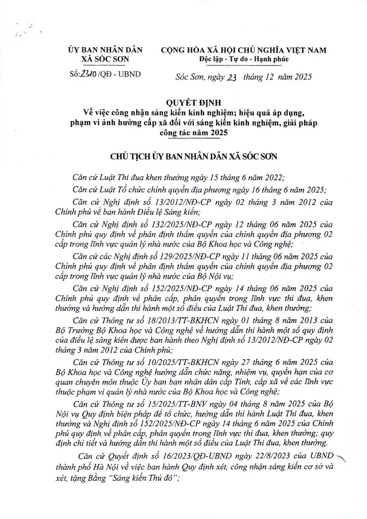 Thông báo Quyết định công nhận sáng kiến kinh nghiệm; hiệu quả áp dụng phạm vi ảnh hưởng cấp xã đối với sáng kiến kinh nghiệm, giải pháp công tác năm 2025- Ảnh 1.