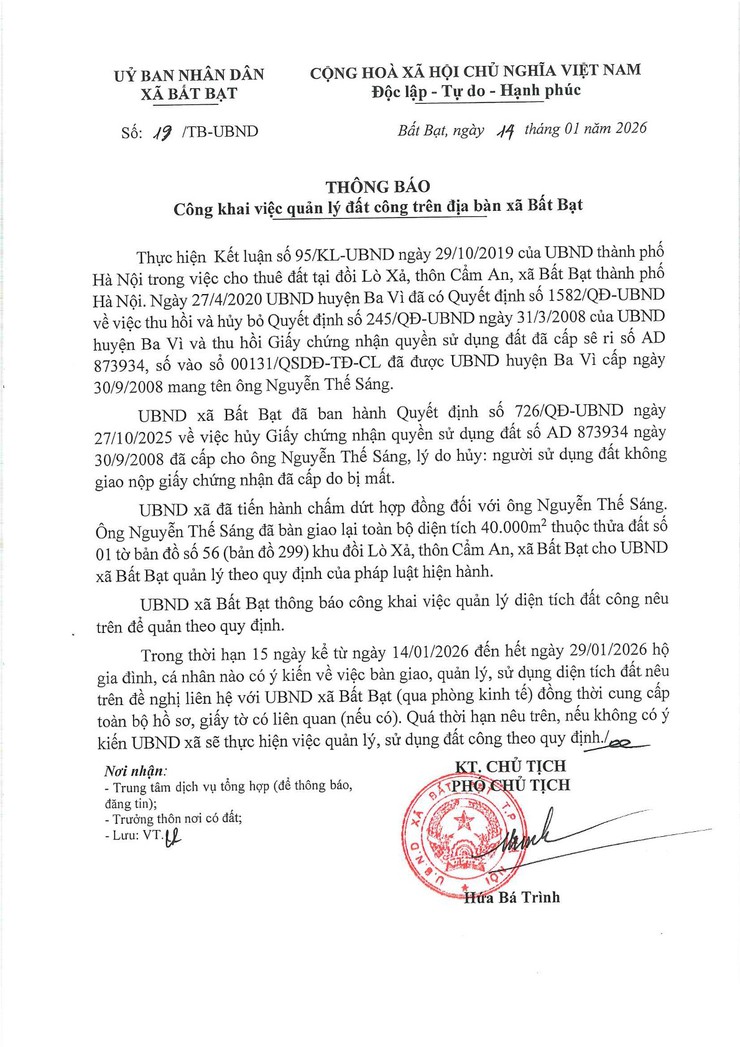 Thông báo Về việc công khai công tác quản lý diện tích đất công tại khu vực đồi Lò Xả, thôn Cẩm An, xã Bất Bạt- Ảnh 1.