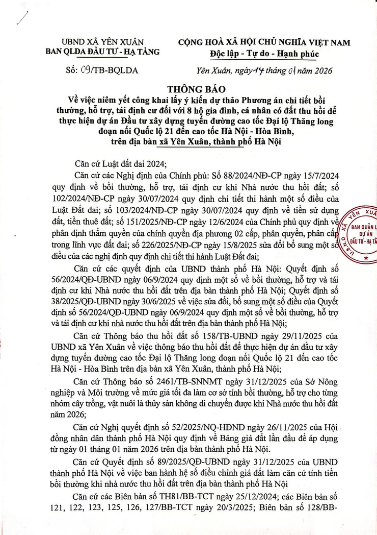 Thông báo: Về việc niêm yết công khai lấy ý kiến dự thảo Phương án chi tiết bồi thường, hỗ trợ, tái định cư đối với 8 hộ gia đình, cá nhân có đất thu hồi để thực hiện dự án - Ảnh 1.