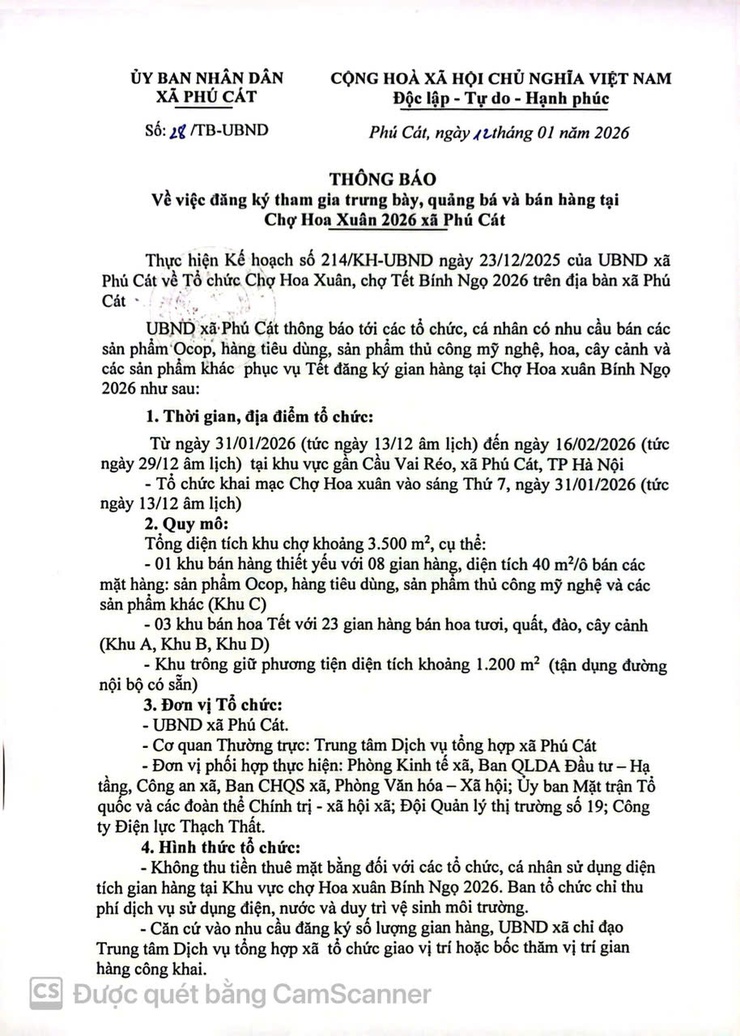 Thông báo về việc đăng ký tham gia trưng bày, quảng bá và bán hàng tại Chợ hoa xuân 2026 xã Phú Cát- Ảnh 1.
