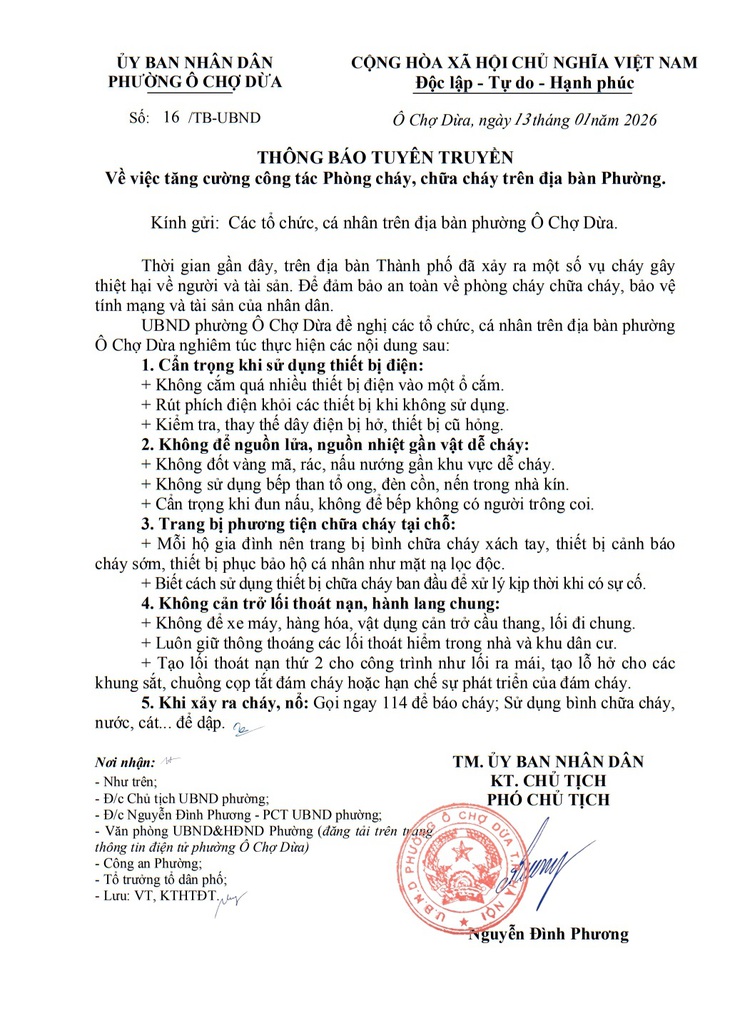 Ô Chợ Dừa tăng cường công tác Phòng cháy, chữa cháy trên địa bàn Phường- Ảnh 1.