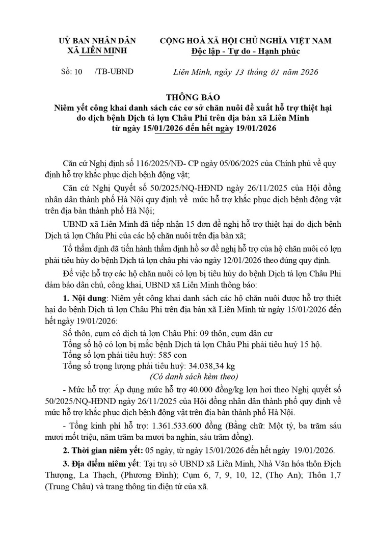 THÔNG BÁO: Niêm yết công khai danh sách các cơ sở chăn nuôi đề xuất hỗ trợ thiệt hại- Ảnh 1.