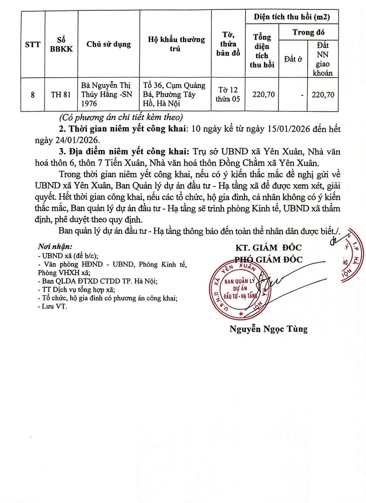 Thông báo: Về việc niêm yết công khai lấy ý kiến dự thảo Phương án chi tiết bồi thường, hỗ trợ, tái định cư đối với 8 hộ gia đình, cá nhân có đất thu hồi để thực hiện dự án - Ảnh 2.
