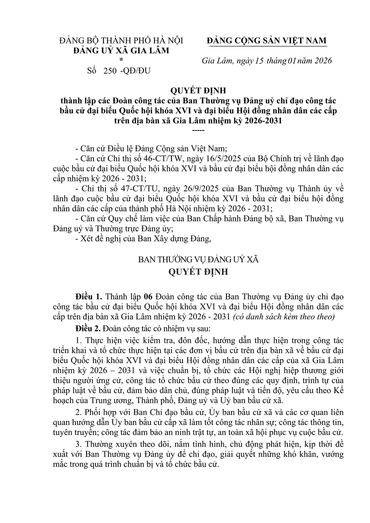 Quyết định thành lập các Đoàn công tác của Ban Thường vụ Đảng uỷ chỉ đạo công tác bầu cử đại biểu Quốc hội khóa XVI và đại biểu Hội đồng nhân dân các cấp trên địa bàn xã Gia Lâm nhiệm kỳ 2026-2031- Ảnh 1.