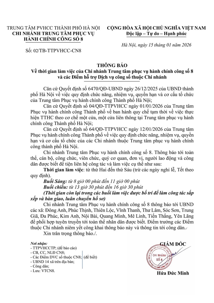 THÔNG BÁO Về thời gian làm việc của Chi nhánh Trung tâm phục vụ hành chính công số 8 và các Điểm hỗ trợ Dịch vụ công số thuộc Chi nhánh - Ảnh 1.