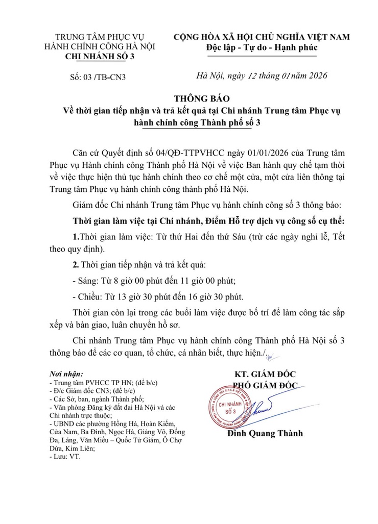 Thông báo thời gian tiếp nhận và trả kết quả tại Chi nhánh Trung tâm Phục vụ Hành chính công Thành phố số 3- Ảnh 1.