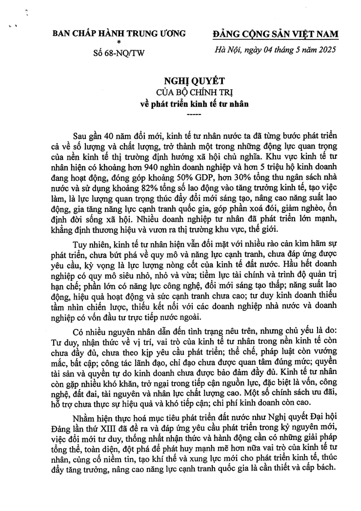Nghị quyết số 68-NQ/TW về phát triển kinh tế tư nhân- Ảnh 1.