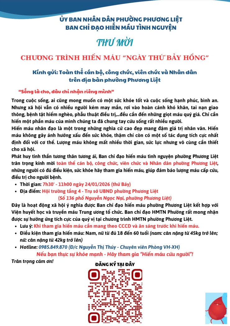 THƯ MỜI THAM GIA CHƯƠNG TRÌNH HIẾN MÁU "NGÀY THỨ BẢY HỒNG" PHƯỜNG PHƯƠNG LIỆT- Ảnh 1.