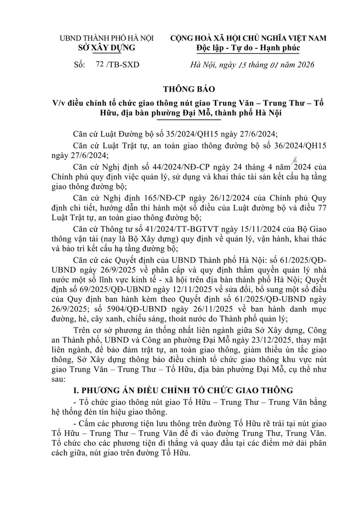 ĐIỀU CHỈNH TỔ CHỨC GIAO THÔNG NÚT GIAO TRUNG VĂN - TRUNG THƯ - TỐ HỮU TRÊN ĐỊA BÀN PHƯỜNG ĐẠI MỖ- Ảnh 1.