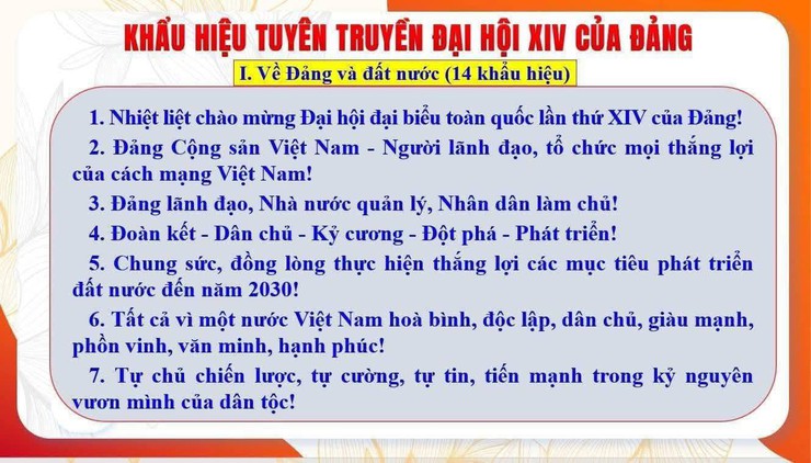KHẨU HIỆU TUYÊN TRUYỀN ĐẠI HỘI ĐẠI BIỂU TOÀN QUỐC LẦN THỨ XIV CỦA ĐẢNG - Ảnh 2.