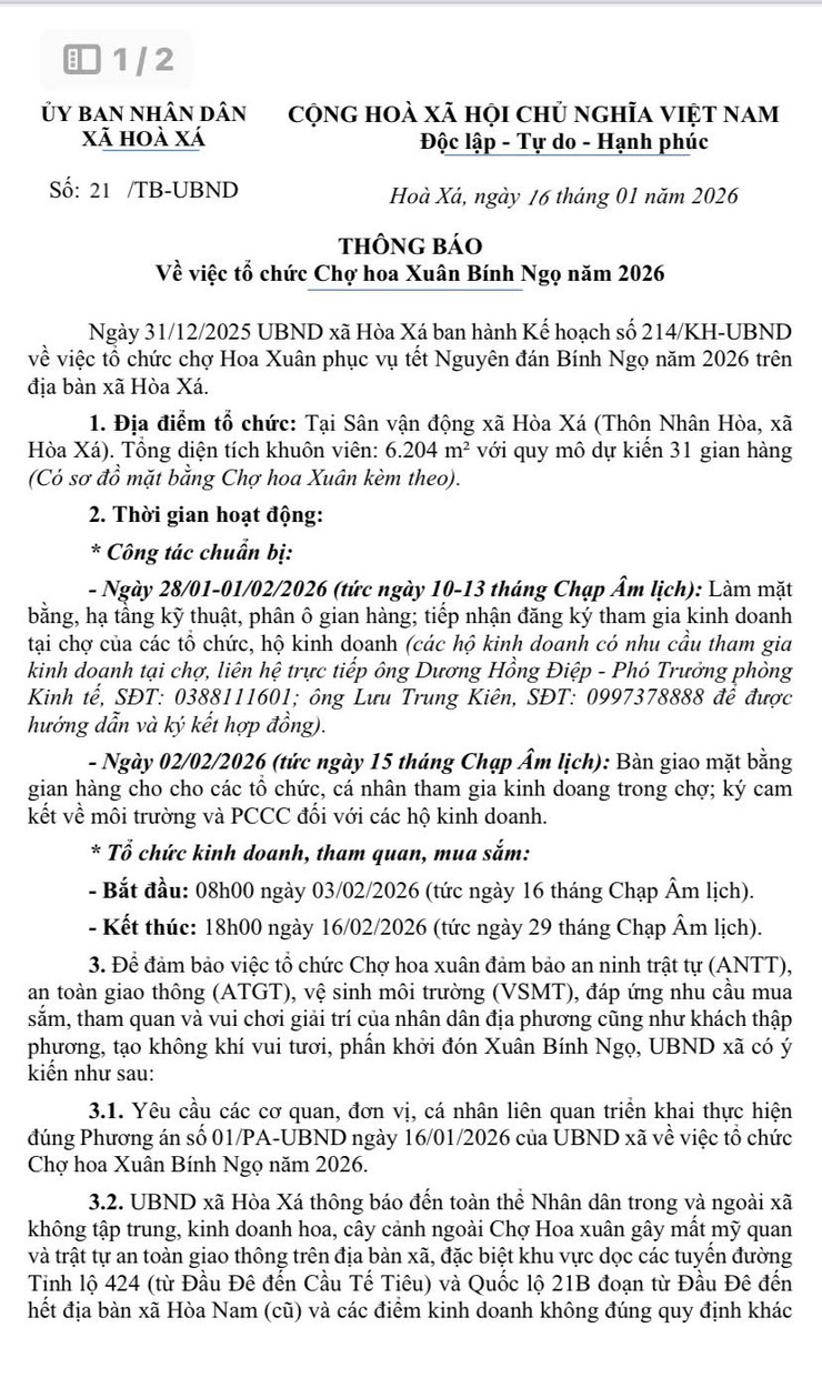 UBND XÃ HÒA XÁ THÔNG BÁO VỀ VIỆC TỔ CHỨC CHỢ HOA XUÂN BÍNH NGỌ NĂM 2026- Ảnh 1.