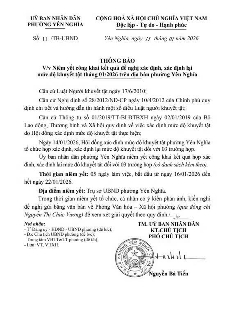 THÔNG BÁO
V/v Niêm yết công khai kết quả đề nghị xác định, xác định lại mức độ khuyết tật tháng 01/2026 trên địa bàn phường Yên Nghĩa- Ảnh 1.