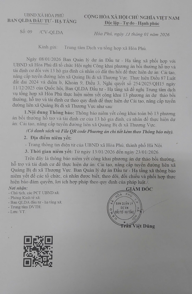 UBND xã - Ban QLDA Đầu tư - Hạ tầng xã Hòa Phú ban hành công văn số 09 ngày 13/1/2026.- Ảnh 1.