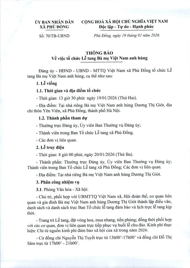 Thông báo về việc tổ chức Lễ tang Bà mẹ Việt Nam anh hùng Dương Thị Giót, địa chỉ thôn Yên Viên, xã Phù Đổng, thành phố Hà Nội- Ảnh 1.