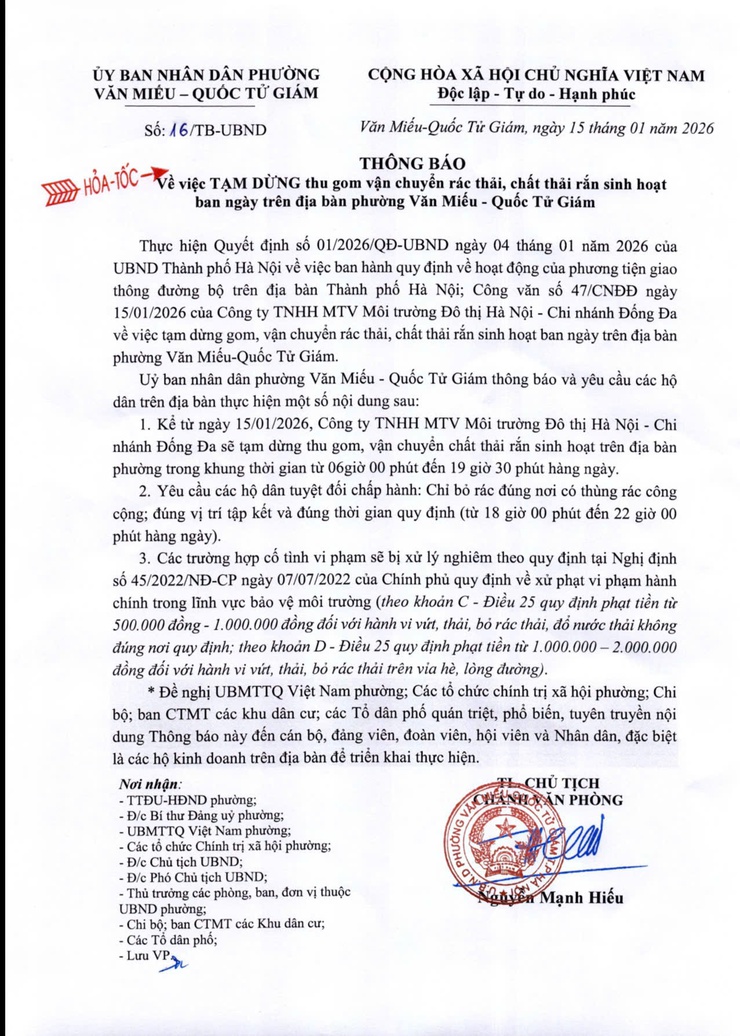 ĐIỀU CHỈNH THỜI GIAN THU GOM RÁC THẢI SINH HOẠT: ĐỀ NGHỊ NHÂN DÂN TRÊN ĐỊA BÀN PHƯỜNG VĂN MIẾU - QUỐC TỬ GIÁM PHỐI HỢP THỰC HIỆN- Ảnh 1.
