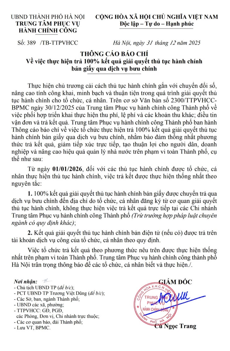 Hà Nội triển khai thực hiện trả 100% kết quả giải quyết TTHC bản giấy qua dịch vụ bưu chính- Ảnh 1.