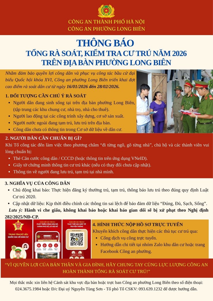 Công an phường Long Biên thông báo triển khai cao điểm tổng rà soát, kiểm tra cư trú trên địa bàn- Ảnh 1.